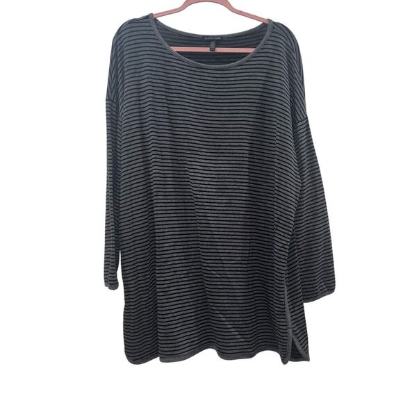 Eileen Fisher Loungewear Set- Striped Tencel Blend Gray and Black Top & Pants - Picture 3 of 15